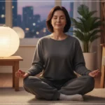 하루를 마무리하며 스트레스 감소 명상을 실천하고 있는 30대 한국인 여성