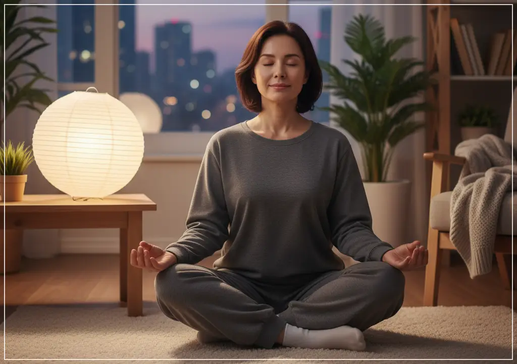 하루를 마무리하며 스트레스 감소 명상을 실천하고 있는 30대 한국인 여성